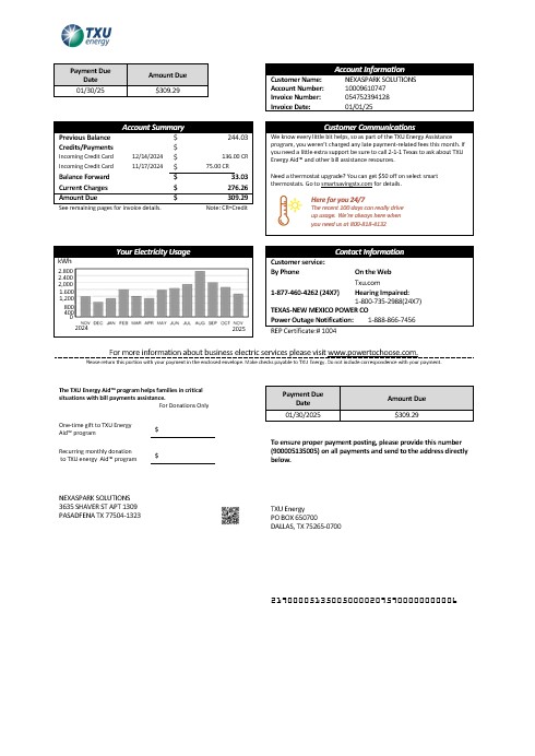 USA Texas TXU Energy business utility bill template in Word and PDF formats